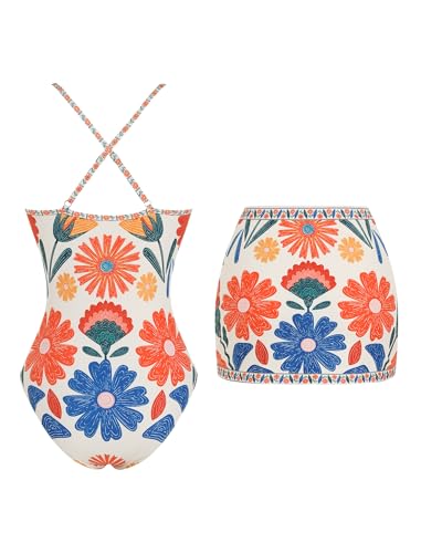 Image of ZAFUL Women's One Piece Swimsuit with Skirt V Neck Colorblock Bathing Suit | Front Cut Out Swimsuit Criss Cross One Piece Bathing Suit