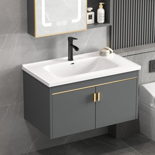 Juego de tocador de baño montado en la pared con lavabo de cerámica y grifo con espejo, acabado moderno en gris, diseño que ahorra espacio, 60 x 47 cm