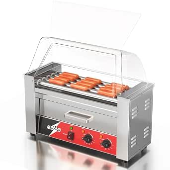 Crosson Hot Dog Roller with 5 Rollers, 12 Hot Dog Capacity, 950W Stainless Steel Grill with Bun Warmer & Cover