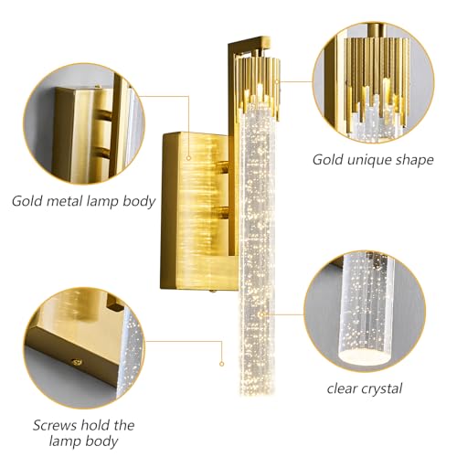 Image of Gold LED Wall Sconce Set of Two with Bubble Crystal Stick Wall Light Modern Bathroom Vanity Light Fixture for Bedroom Bedside Hallway