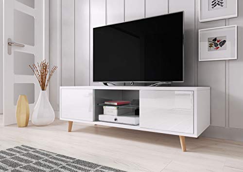 WFL GROUP Moderne Meuble TV - Style Scandinave - 140 cm - TV jusqu'à 55' - Blanc Haute Brillance Cover