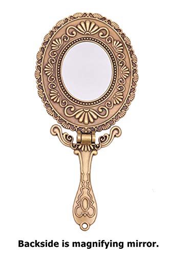 Sehamano Vintage Double Sided Handheld Makeup Metal Mirror/Folding Handle/Stand Travel Mirror/Back Sided Magnification/Folding Type Mirror (Matt Gold (Brass)) #TOP2
