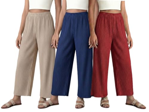Image of Set of Combo Trouser and Pants for Girls and Women's Relaxed Fit Stretchable Regular Fit Palazzos Lightweight Elastic Waistband Bottoms for Daliy Office & Casual Wear
