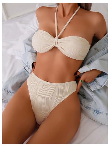 MakeMeChic Women's Halter Bikini Set Textured Pearl Tie Back Bathing Suit Swimsuits2