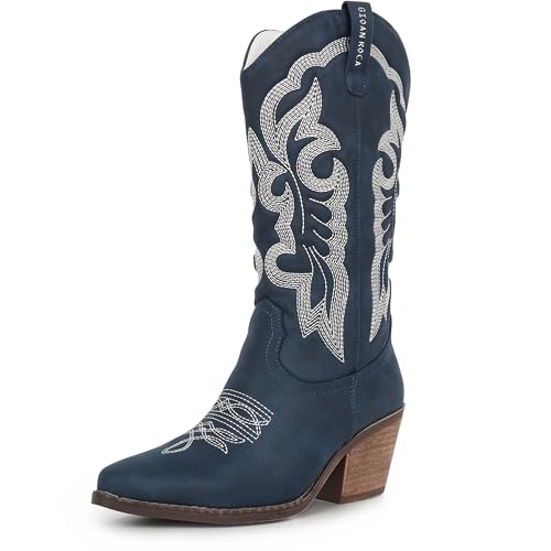 Women Cowboy Boots, Western Mid-Calf Point Toe Embroidered Side Zippe Boots Retro Fashion Women's Cowgirl Boot