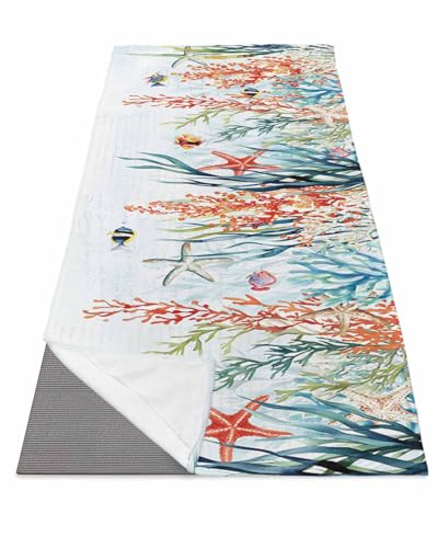 BOSIJOY Yoga Mat Towel,Summer Watercolor Ocean Coral Non Slip Sweat Absorbent Hot Yoga Towels with Corner Pockets,Marine Life Starfish Seaweed Soft Microfiber Towel for Pilates Bikram 74