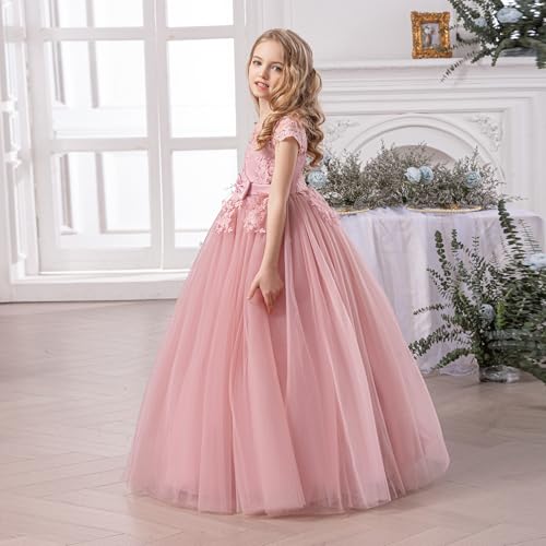 Flower Girl Dress with Bow Tie Pearl Embroidery Lace Tulle Satin Wedding Guest Party Birthday Pageant Gown Kids4