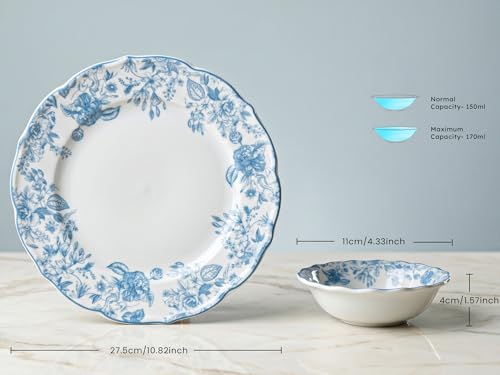 Image of Bodhi House Porcelain Dinner Set 12 Pieces - Blue Leaf White Dinnerware Set | 6 Dinner Plates, 6 Katori Bowls | Premium Crockery Set for Dining, Kitchen & Gifting