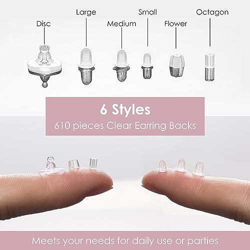Image of iBayam 610pcs 6 Styles Clear Plastic Earring Backs, Earring Backings Replacements for Stud Earrings, Silicone Earring Back Clips Earring Backs Flower Rubber Plastic Secure Earring Backs for Safety