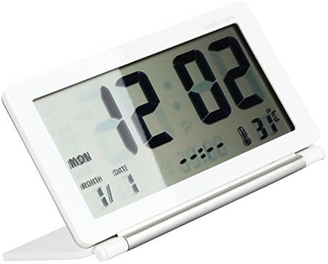 Eway Multifunction Silent LCD Digital Large Screen Travel Desk Electronic Alarm Clock, Date/Time/Calendar/Temperature Display, Snooze, Folding(White&Silver)