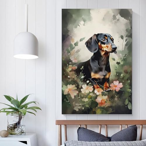 Impression artistique Teckel fleurs toile 60x90cm pour decoration de salon
