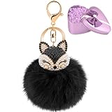 JOUDOO Llavero de bola de piel esponjosa con caja de regalo, llavero con pompón de cabeza de zorro con diamantes de imitación para bolsa o coche, accesorios GJ020 (negro 2)