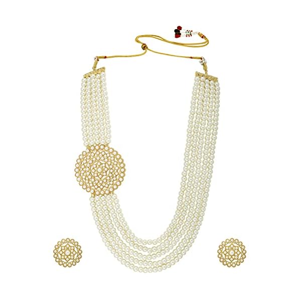 Peora Gold Plated Traditional 5 Layer Kundan Pearl Long Necklace Earrings Jewellery Set for Women - Image 7