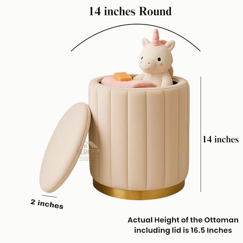 Image of Velvet Storage Ottoman Pouffe - Round Upholstered Sitting Stool & Footrest | Multi-Purpose Puffy Mudda for Living Room, Bedroom, Office - Stylish Home Furniture & Decor (Cream)
