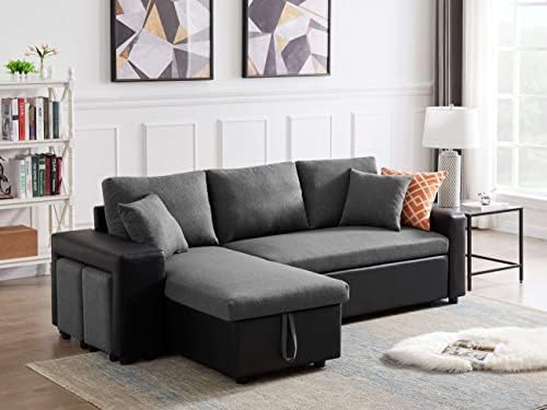 SITHAS Linen Reversible Sectional Couch Pull Out Sleeper Sofa and Chaise with Storage and 2 Steel Sstools