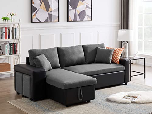 Sithas Linen Reversible Sectional Couch Pull Out Sleeper Sofa And Chaise With Storage And 2 Steel Sstools #TOP9