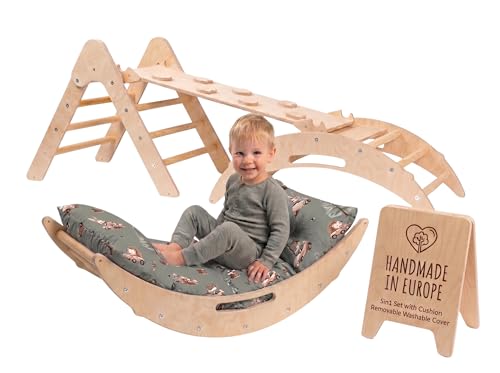 WoodsCraft - Handmade Montessori Kletterset 5in1: Kletterdreieck, Kletterbogen mit Kissen & 2in1: Rutsche Indoor/Klettern Rampe | Holz Klettergerüst Indoor Spielgeräte & Spielplatz