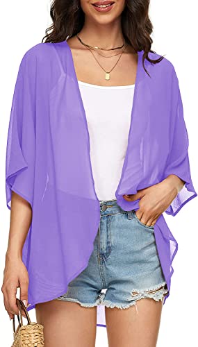 Image of Indian Trendy Women's Solid Puff Sleeve Kimono Cardigan Loose Cover Up Casual Blouse Top Chiffon