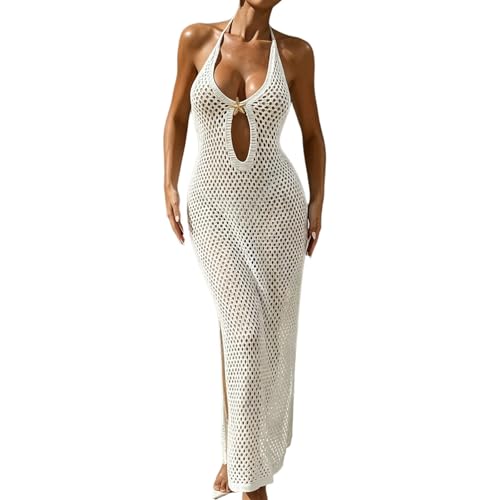 Genérico Vestido de Punto Elegante con Cuello, Espalda Descubierta, Abertura y Adornos, Pareo de Punto Midi para Playa