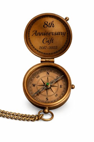 Brújula de latón grabada, estilo vintage con cadena, recuerdo personalizado aniversario 8 años 2017-2025 miniatura 1