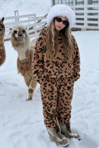 Image of Arshiner Girls 2 Piece Outfits Sweatsuit Fuzzy Long Sleeve Bear Ear Hoodie Sweatshirt and Sweatpant Kids Clothing Sets
