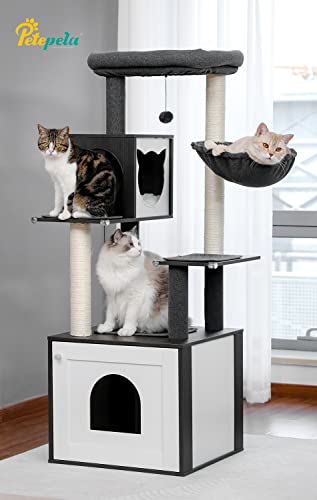 Petepela Wood Cat Tower Modern Cat Tree With Storage Cabinet Litter Box Enclosure And Spacious Cat Condo, Large Top Perch And Hammock, Sisal Covered Scratching Posts For Cats Black #TOP1