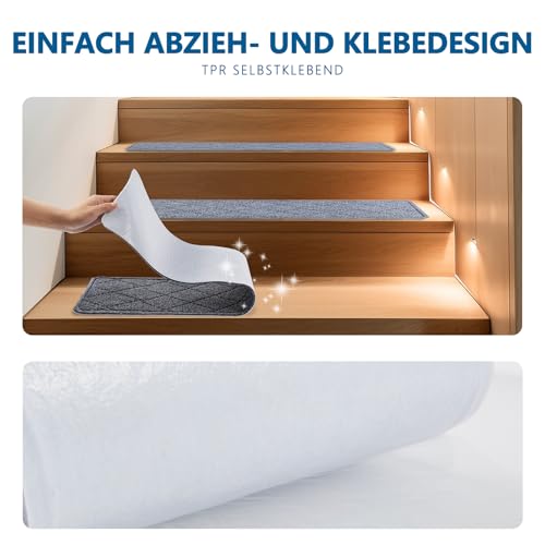 KOOTETA Teppich-Treppenstufen, rutschfest, 20x76cm (15 Pack), Teppich-Treppenläufer, wiederverwendbarer Klebstoff für alle sauberen, glatten Treppen, Stufenschutzmatte für Kinder, Grau
