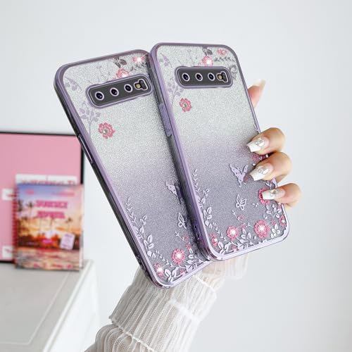 Image of for S10 Plus Case, Galaxy S10 Plus Case for Women Gradual Change Glitter Crystal Soft TPU Butterfly Floral Heart Clear Protective Cover with Strap for Samsung Galaxy S10 Plus 2019 (Purple)