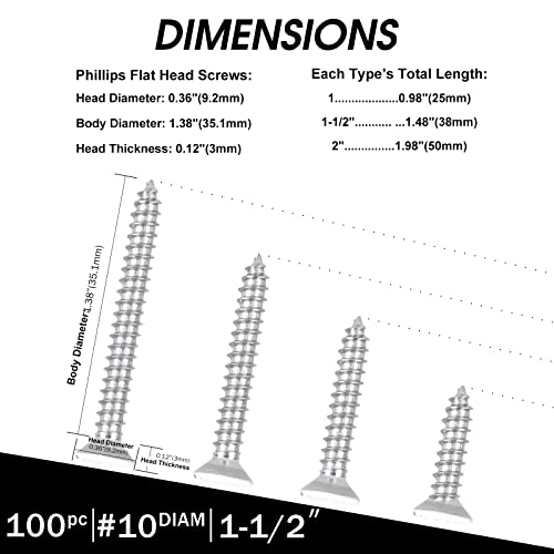 Image of White Head 100 PCS #10X1-1 /2(1.5 inch) Stainless Steel Phillips Flat Head Wood Screws,Stainless Steel 18-8 A2(304) Screw,Home Screw Kit by QISHENG