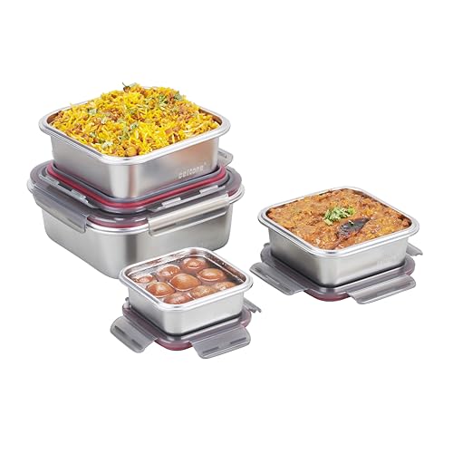 Image of Fridge to Oven Microwave Safe Stainless Steel Reusable Food Storage Containers with Leak-Proof and Airtight Lids (Square 450ml)