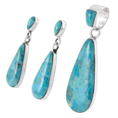 Matching Turquoise Pendant & Earrings Set 925 Sterling Silver (Pendant, Earrings, Stainless Necklace 20")3