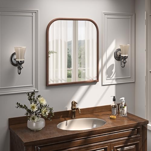 Image of 28 inchx32 inch Arch Wall Mirror for Wall, Wall Mounted Vanity Mirror for Bedroom, Wood Grain Finish Frame Mirror with Tempered Glass, Vintage Decorative for Bathroom, Entryway, Living Room, Walnut