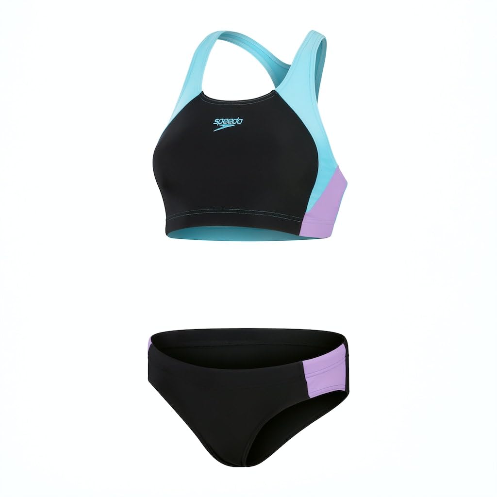 Speedo Colourblock Splice - Bañador para mujer (2 piezas), color negro, morado y azul