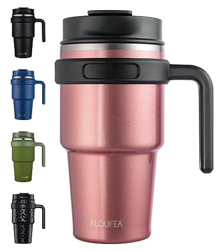ALOUFEA 20 oz Insulated Coffee Mug Tumbler with Handle, Stainless Steel Travel Mug Tumbler with Lid and Straw,Double Wall Vacuum Leak Proof Ice Coffee Thermal Cup, Rose Gold