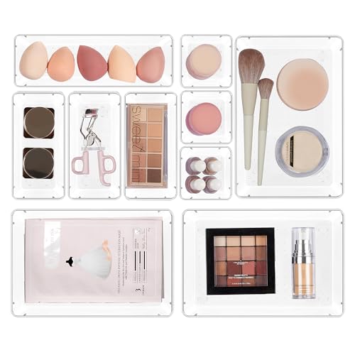 Vtopmart 10 Pcs Makeup Drawer Organizer Bins Set, 4 Size Plastic Makeup and Vanity Organizer Trays, Clear Acrylic Vanity Storage Containers for Cosmetics, Toiletries, Jewelry, Gadgets, Office Supply