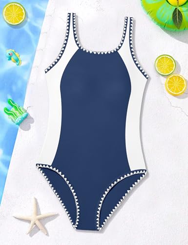 Image of Girl Swimsuit One Piece Bathing Suit for Girls Solid Color Ruched Adjustable Straps Padded Swimwear 9-18y