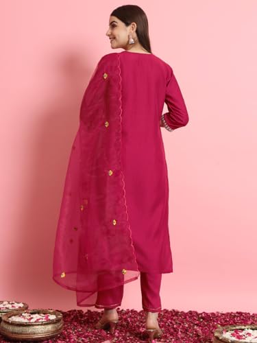 Image of VredeVogel Women's Silk Blend Embroidered Kurta with Pant & Dupatta Set