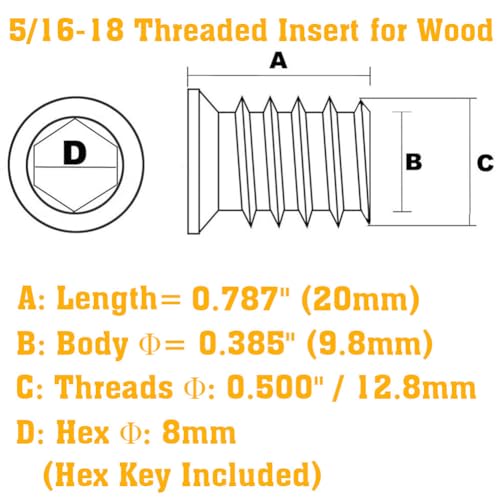 Image of 5 /16-18 Threaded Inserts for Wood 20mm Length Furniture Screw in Threaded Insert Nuts 40 Pieces