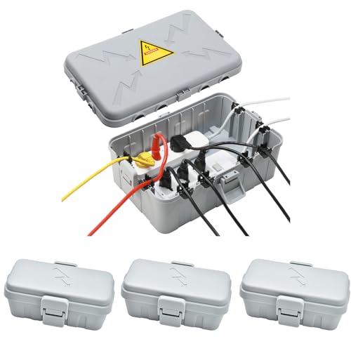 Hrensaw IP54 Large Outdoor Electrical Box w/ 8 Cable Seal Entry, Bundle w/ 3 Small Weatherproof Extension Cord Safety Box, Protect Power Strip, Timer Outlet Plug, Holiday Lights Decoration, Grey