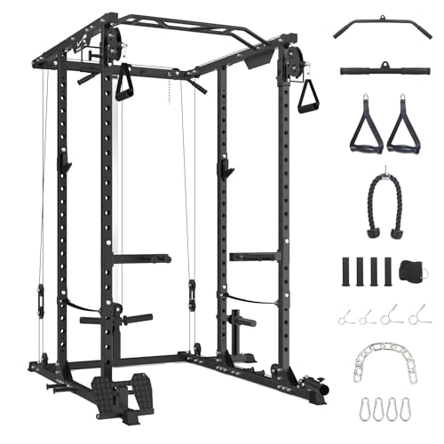GaveeLife Power Cage, 2000 LBS Power Rack with Cable Cross-Over System, Multi-Functional Strength Training Squat Rack with LAT Pull Down System, Home Gym Equipment with Training Attachment, Red