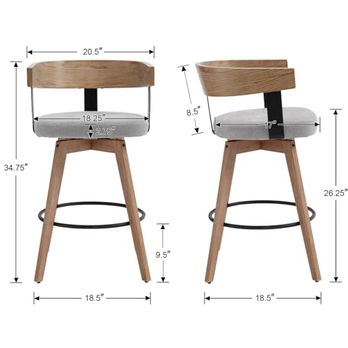 Modern Grey Swivel Bar Stool for Kitchen Island or Home Bar - 26 Counter Height