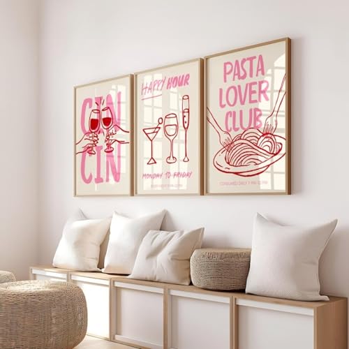 Xiyocadt 3er Poster Set Küche Wandbilder Kunstdruck Kaffee Pasta Wein Bild Rosa Cocktail Poster Vintage Bilder für Küche Wohnzimmer Deko Küche Aesthetic Deko Ohne Rahmen (21x30cm)