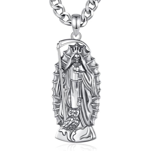 S925 Sterling Silver Santa Muerte Necklace for Men Women, Vintage Santa Muerte Holy Death Pendant Amulet Skull Grim Reaper Jewelry Original Gifts for Women Mens, 22+2inch