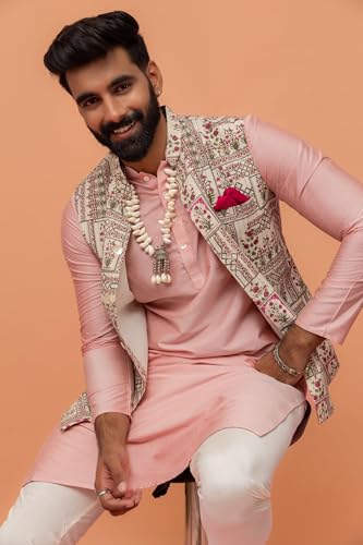 Kisah Men Off White Green Printed Nehru Jacket Ethnic Festive Waistcoat Cotton, Regular Fit