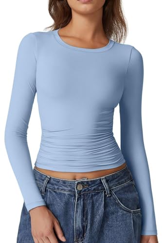 Image of QINSEN Womens Crewneck Long Sleeve Shirt Double Lined Basic Tees Side Ruched Going Out Crop Tops