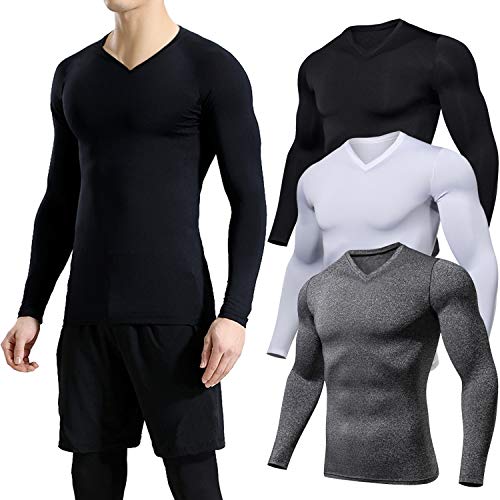 Lavento Men's 3 Pack Compression Shirts Baselayer Long-Sleeve Dry Fit T-Shirts
