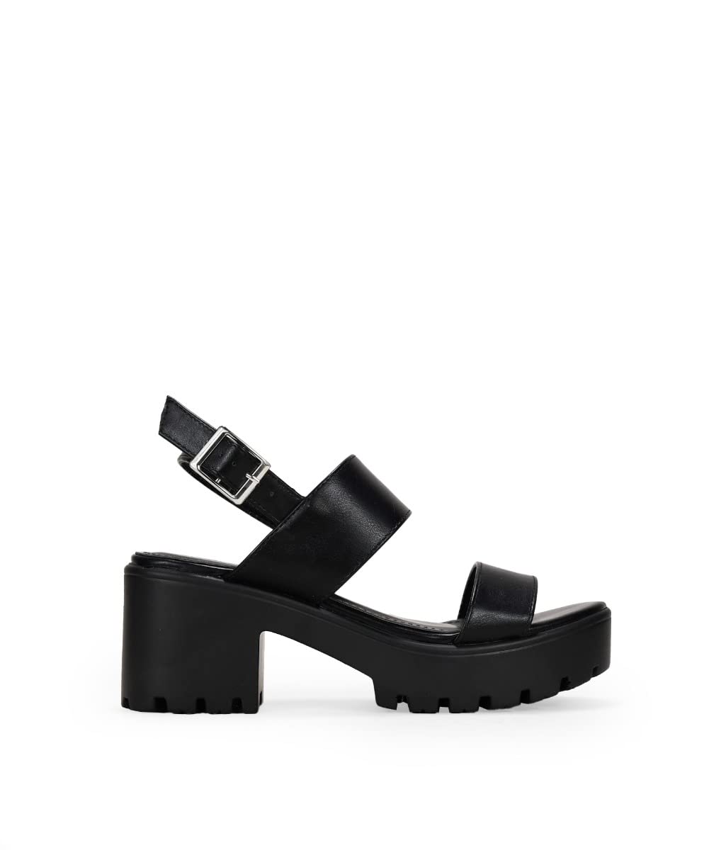 BOSANOVA Sandalias Negras con Dos Tiras Anchas al Empeine y Suela de Plataforma Dentada con tacón. Cierre de Pulsera con Hebilla. Calzado para Mujer