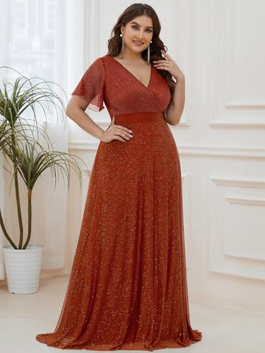Image of Ever-Pretty Plus Women's Glitter Formal Dress Evening Gown for Gala V-Neck Short Sleeve Floor Length Plus Size Prom Dresses