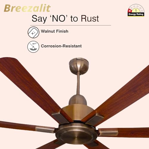 Image of Breezalit Imperia 1200 mm (48 Inch) 6-Blade Designer Ceiling Fan | 80 W Powerful Copper Motor | Antique Brass Body & Walnut Finish Blades | Silent High-Airflow | 2-Year Warranty