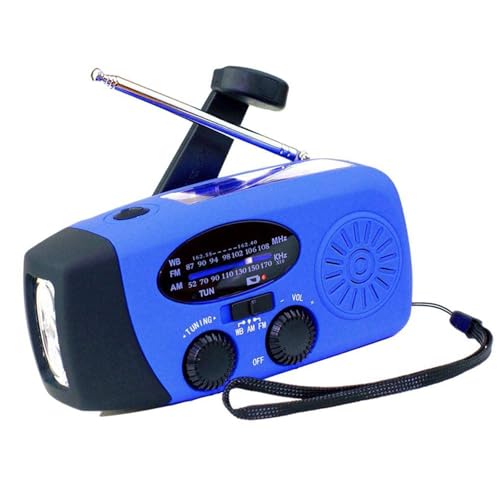 OEUBEQ Radio Solare Portatile con FM, Radio Solare a manovella, Radio a manovella di Emergenza e Torcia per emergenze, Campeggio Blue